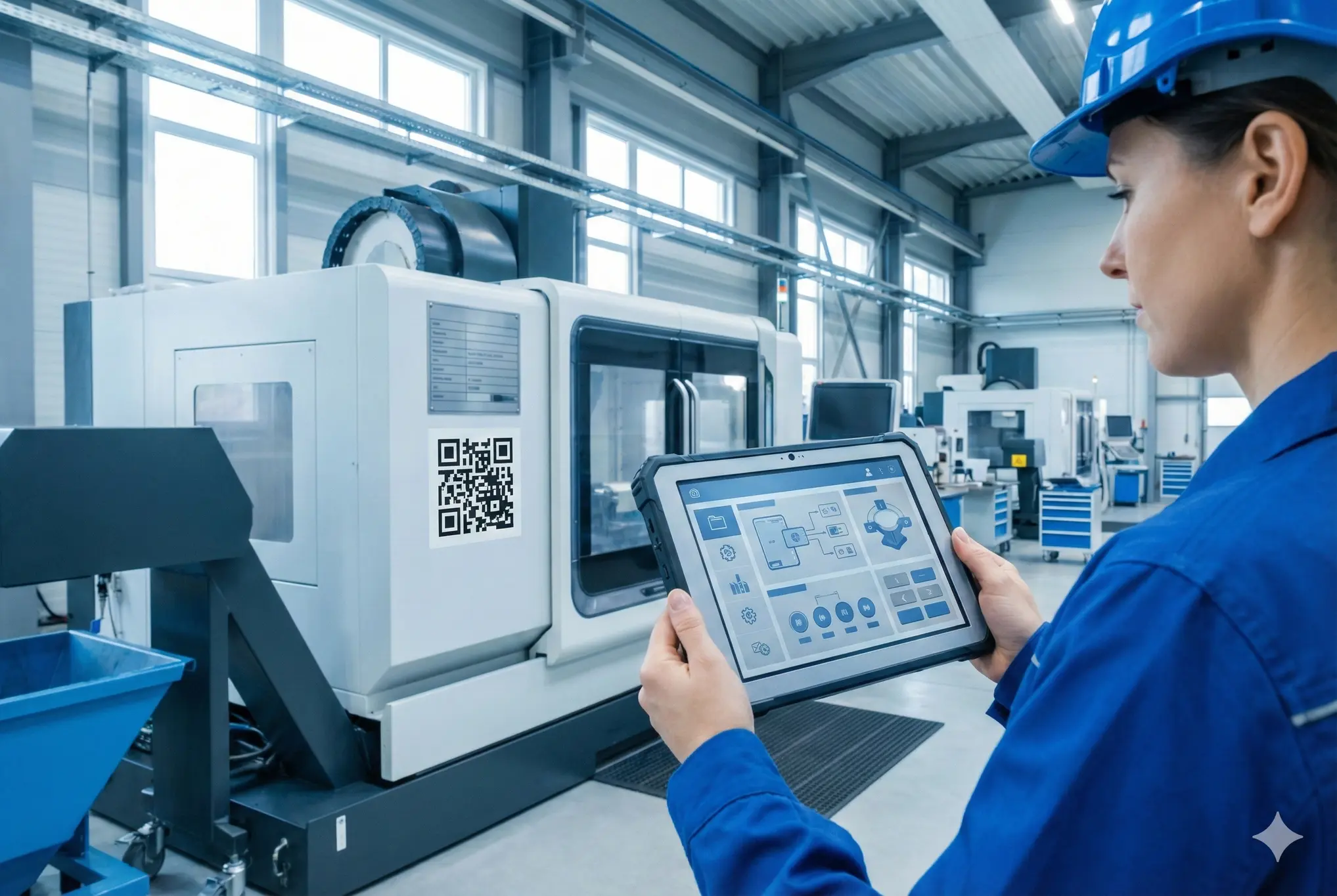 Ingenieurin ruft digitale Betriebsanleitung einer Maschine per Tablet und QR-Code auf