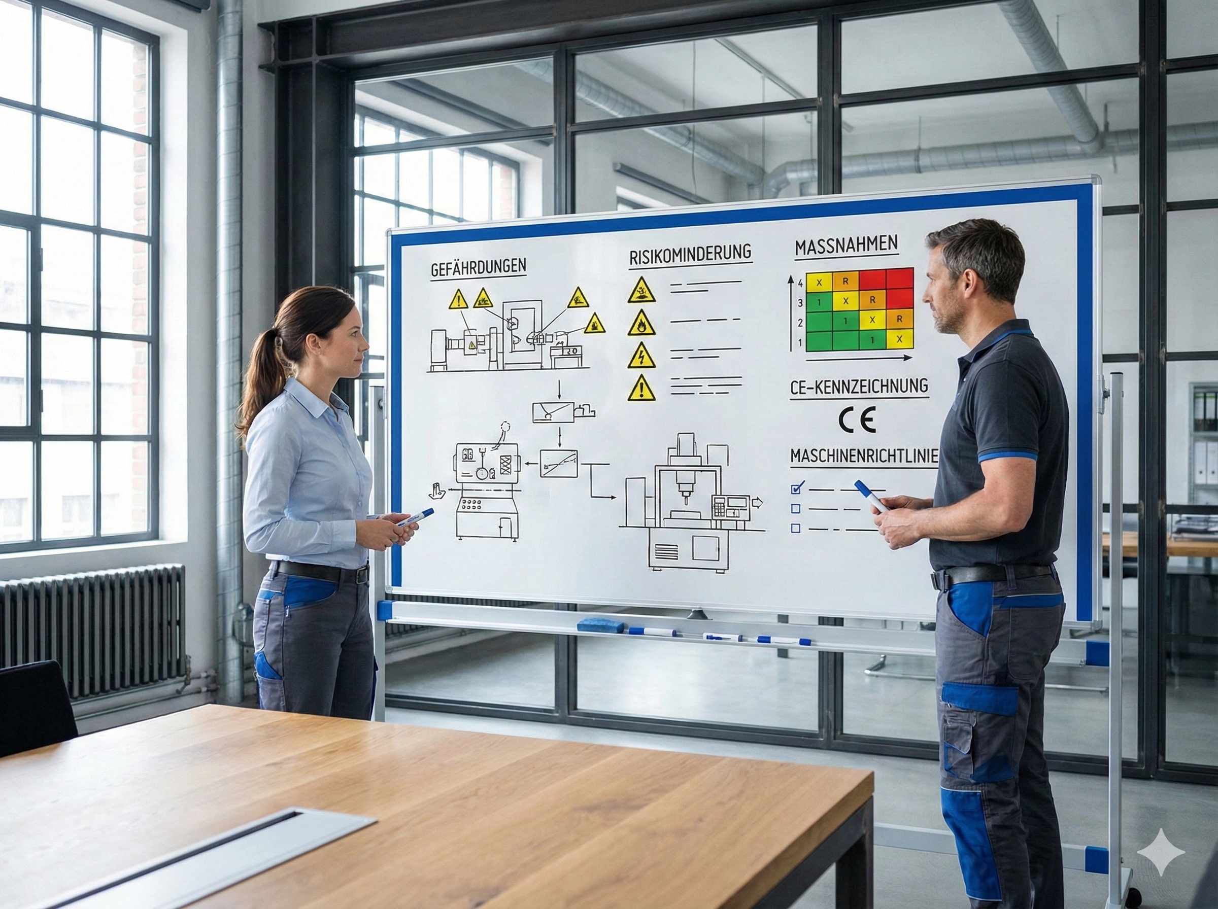 Team von Ingenieur:innen vor Whiteboard mit Risiko-Matrix zur Risikobeurteilung nach EN ISO 12100.