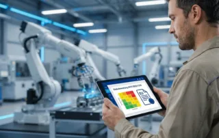 Ingenieur in Produktionshalle mit Tablet zur Risikobewertung nach Maschinenverordnung 2023/1230.