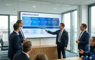 Meetingraum mit Lebenszyklus-Grafik ‚Entwurf–Produktion–Betrieb–Service–Stilllegung‘ zum Risikomanagement nach MVO 2023/1230.
