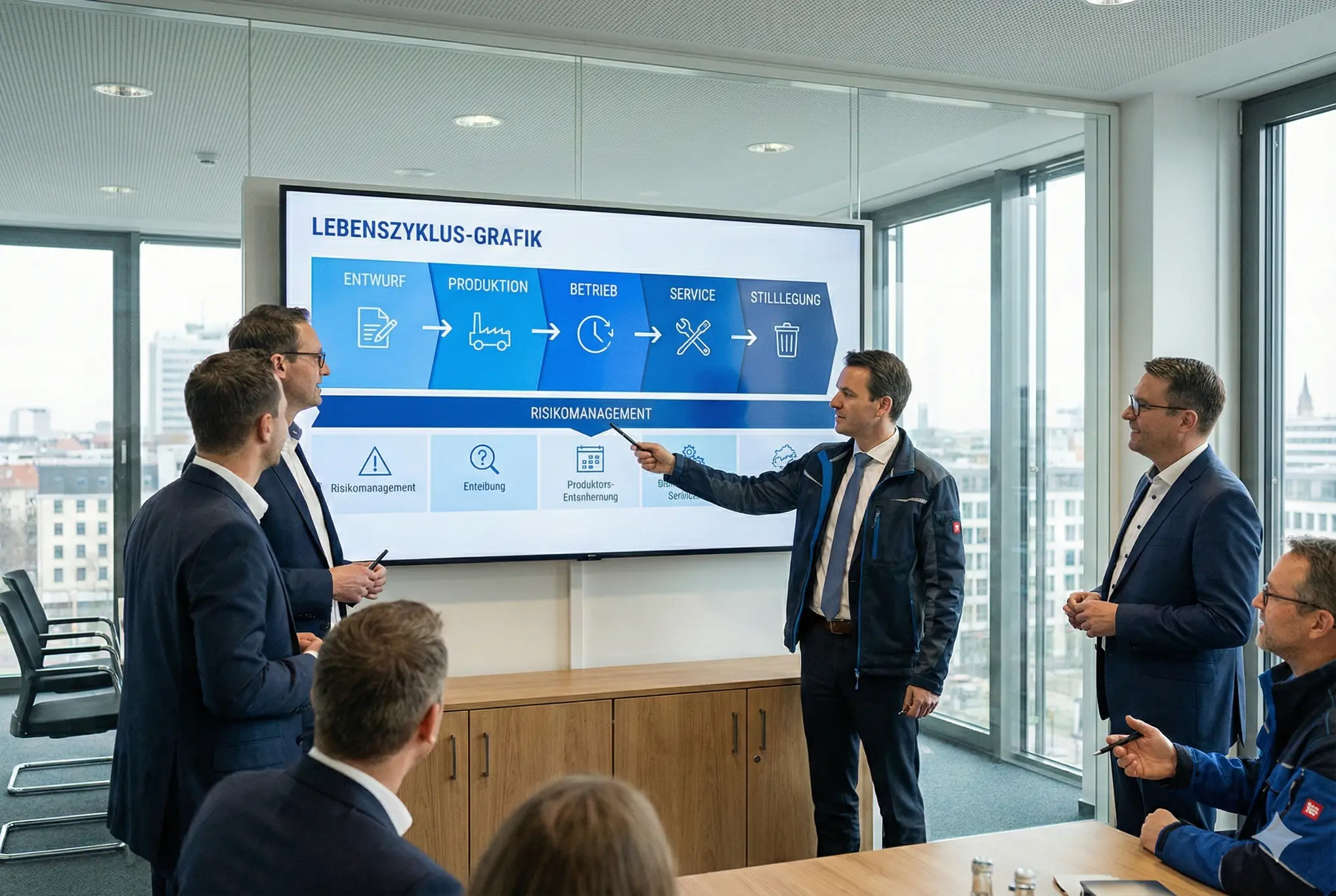 Meetingraum mit Lebenszyklus-Grafik ‚Entwurf–Produktion–Betrieb–Service–Stilllegung‘ zum Risikomanagement nach MVO 2023/1230.