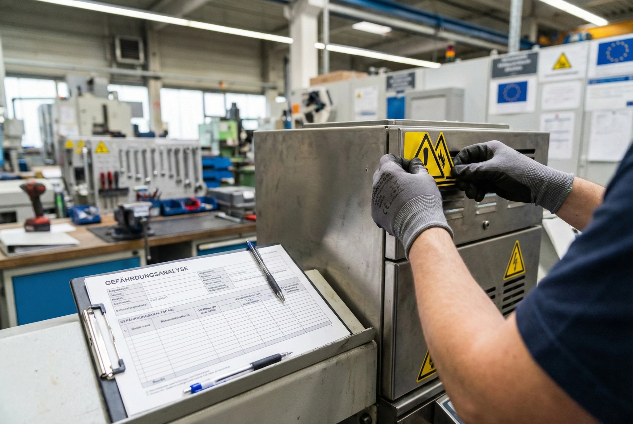 Gefährdungsanalyse an Maschine gemäß EN ISO 12100 Fachkraft markiert Gefahrenstellen an Maschine mit Checkliste zur Gefährdungsanalyse nach EN ISO 12100.