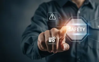 Hand tippt auf leuchtendes Sicherheitssymbol vor unscharfem Hintergrund