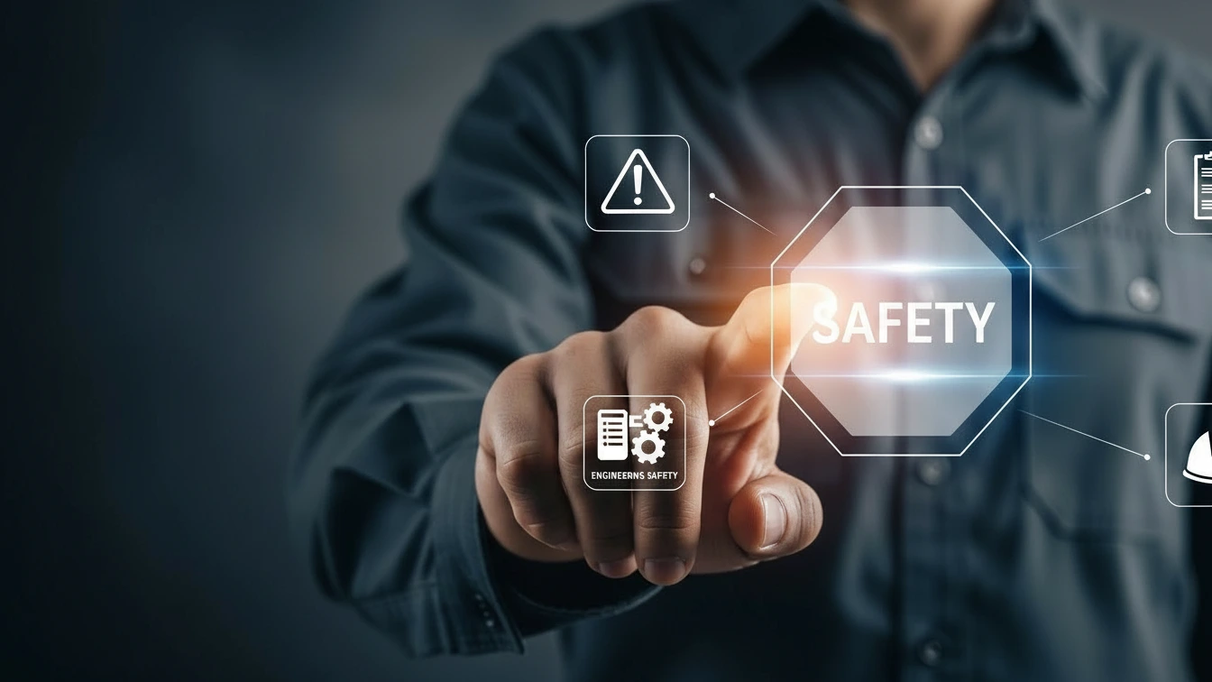 Hand tippt auf leuchtendes Sicherheitssymbol vor unscharfem Hintergrund