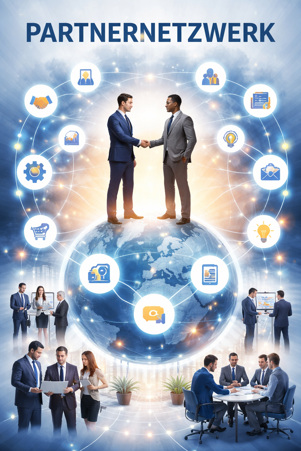 Illustration eines Partnernetzwerks mit verschiedenen B2B-Expertengruppen für die EU-Maschinenverordnung 2023/1230: Zertifizierungsstellen, Rechtsberatung, Cybersecurity-Anbieter, Softwarehäuser und Ingenieurbüros, die miteinander vernetzt sind, um Unternehmen bei der Umsetzung der neuen Maschinenverordnung zu unterstützen.